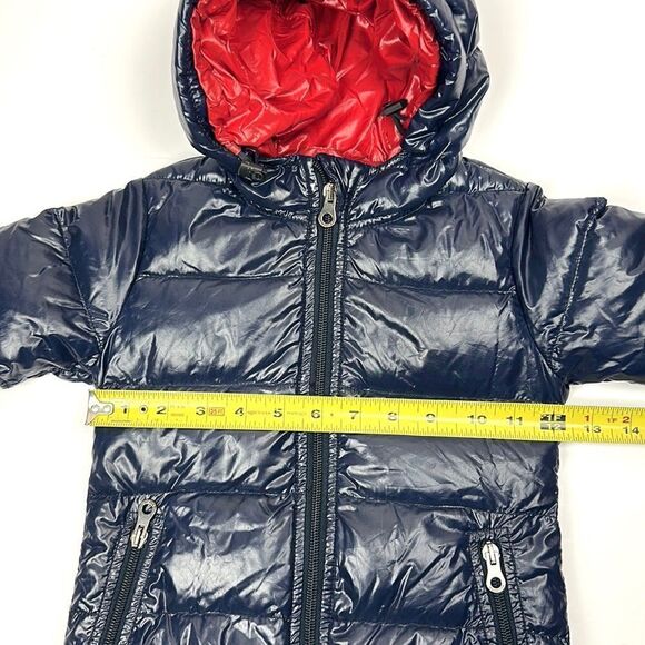 DUVETICA Toddler Girl Soft  Down Puff Coat with Hood Deep Blue Red Lining Sz 2 - Picture 12 of 13